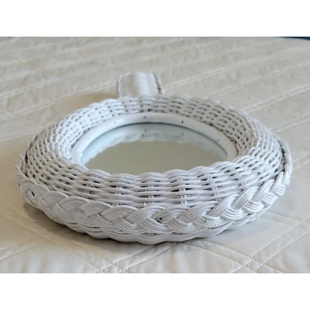 Wicker Rattan Hand Held Mirror Two Sided Vintage White 1970's Woven Braided